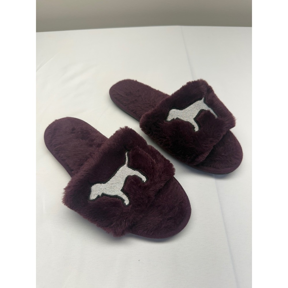 Victoria's Secret PINK Faux Fur Slides Slippers Burgundy Purple Silver Dog Small